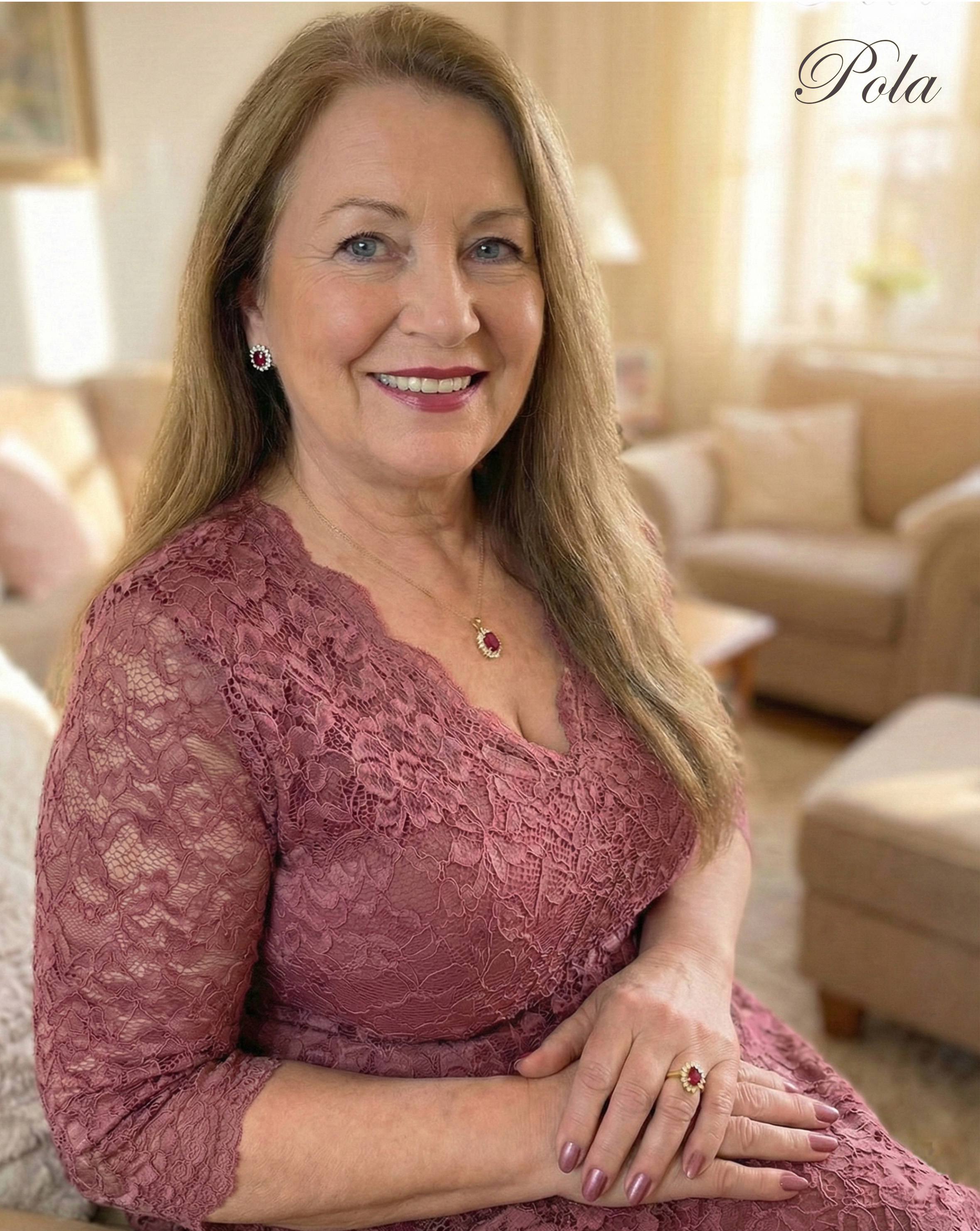 Kobieta w różowej koronkowej sukience nosząca luksusowy pierścionek z rubinem i dopasowane kolczyki.