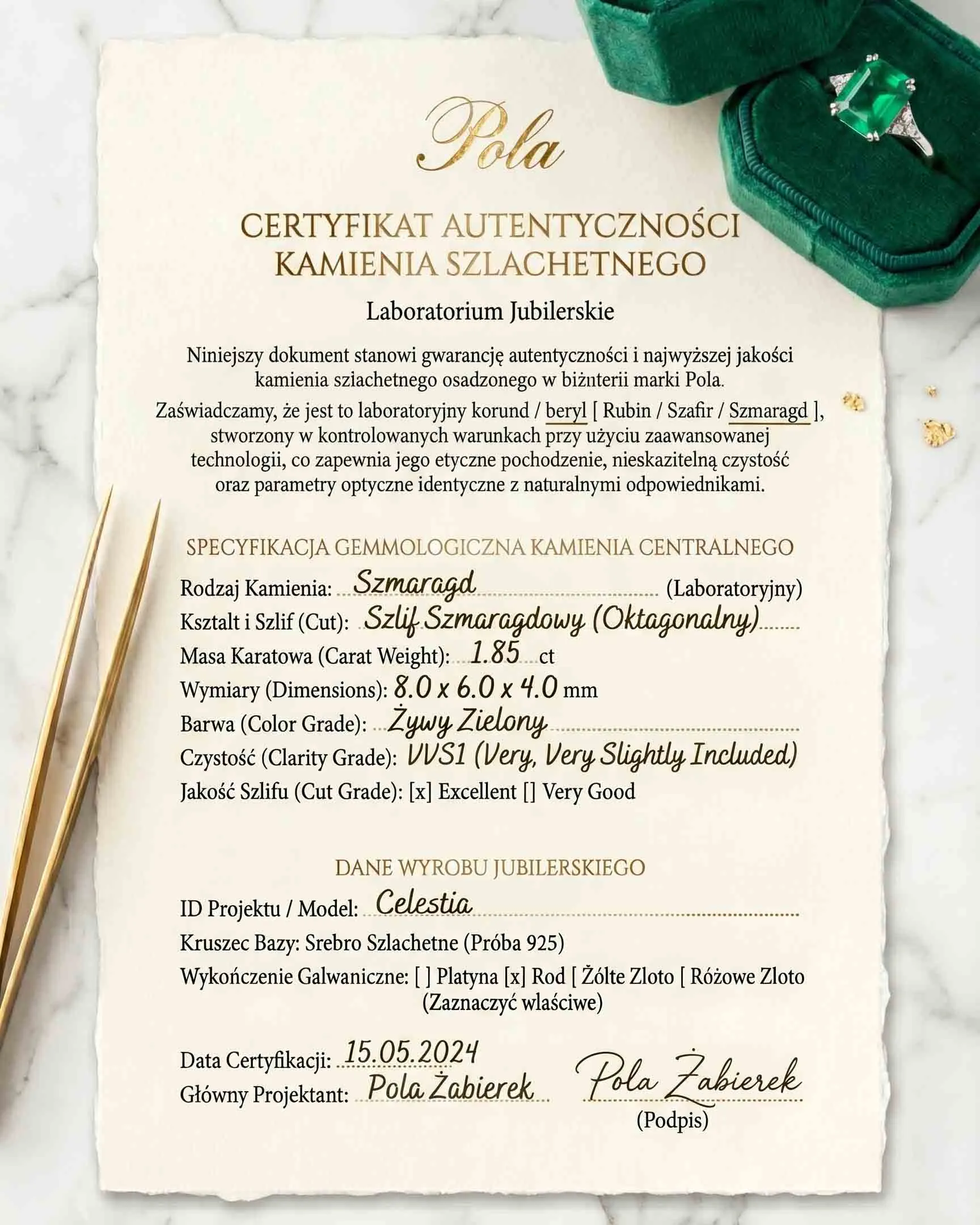 Certyfikat autentyczności biżuterii oraz laboratoryjnego szafiru od marki Biżuteria Pola